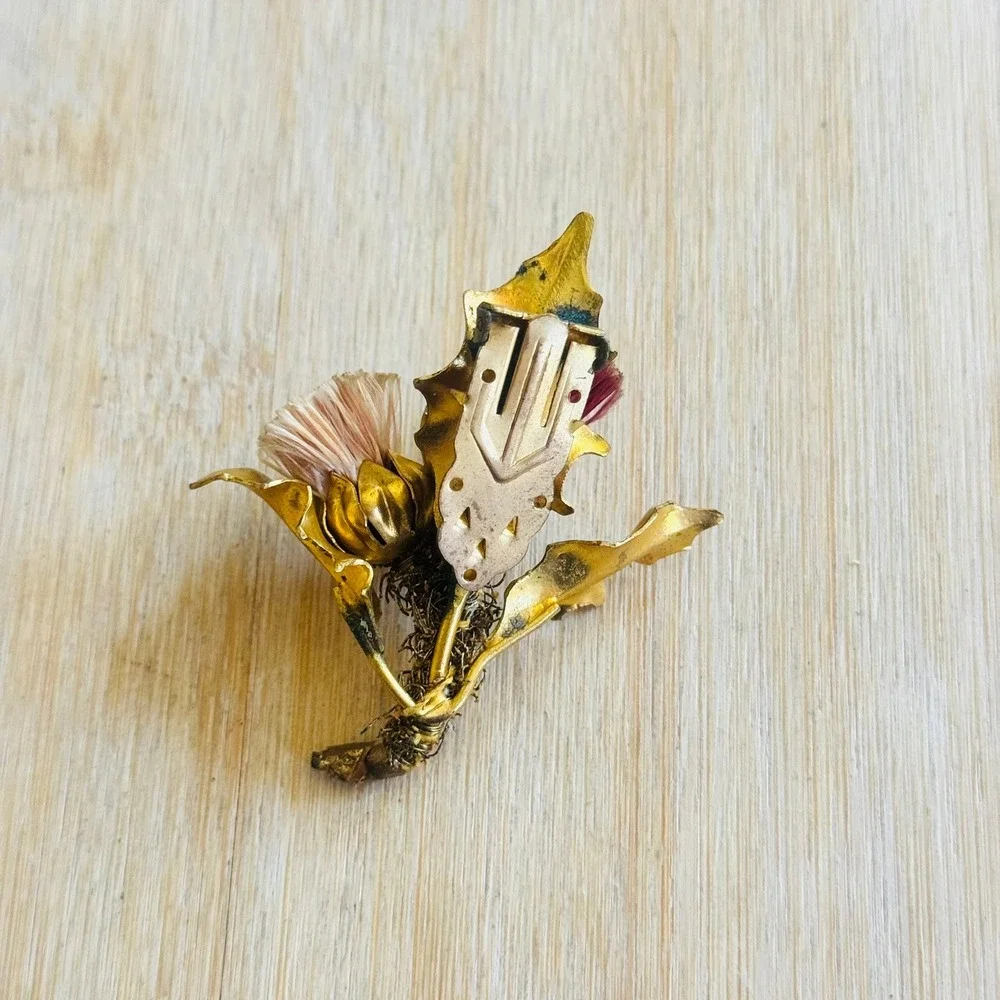Floral Thistle Pin Fur Dress Clip VTG Antique Art Deco France Signed Gold Motif